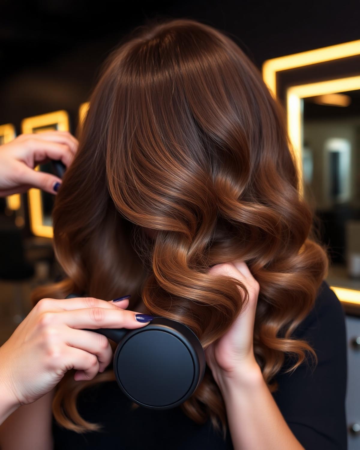 Stylist creating glam blow-dry waves